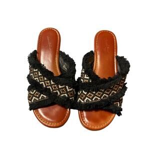 Universal Thread Sandals Womens 6.5 Black Gold Fabric Fringe Casual Slip On